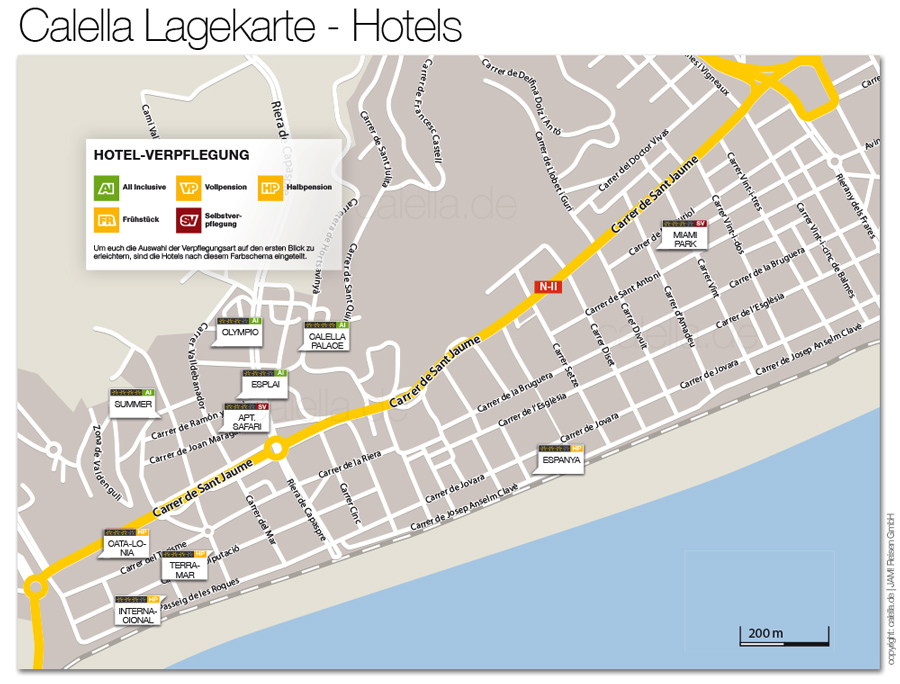 Lage der Hotels in Calella