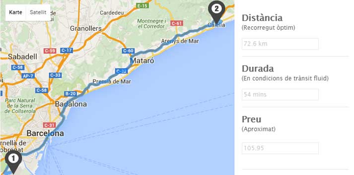 Die Taxi-Route von Barcelona nach Calella