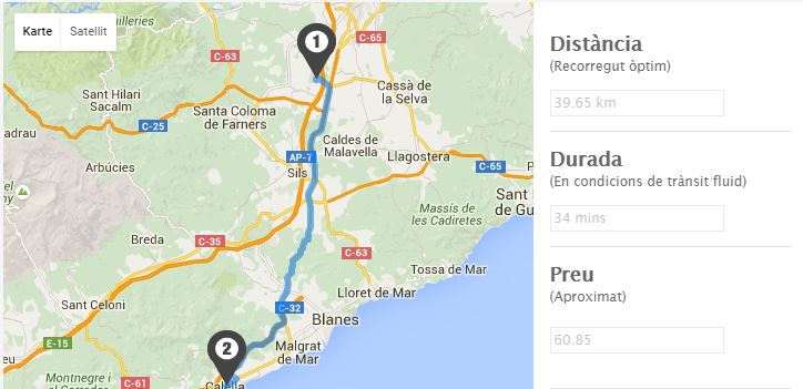 Taxi-Route von Girona nach Calella